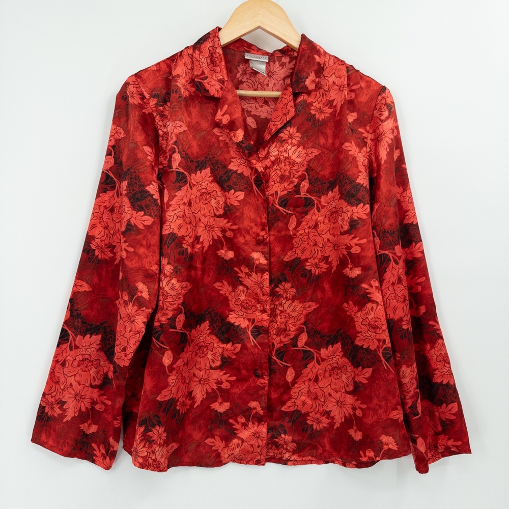 Dark‎ Romantic Red Floral Satin Top Womens L Petite Whimsigoth Gothic
